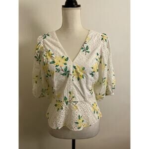 Women’s Draper James Terri Tie Back Top Magnolia White Yellow Floral Eyelet Sz 6